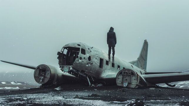 Young man standing on top of the crashed plane in Iceland in Winterq
