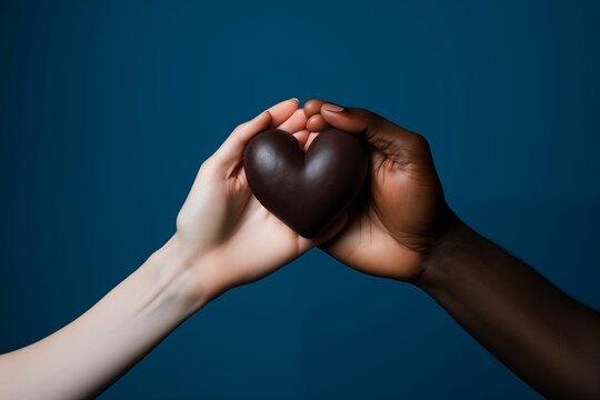 Two hands from different races holding heart shapes together on a blue background. Generative AI