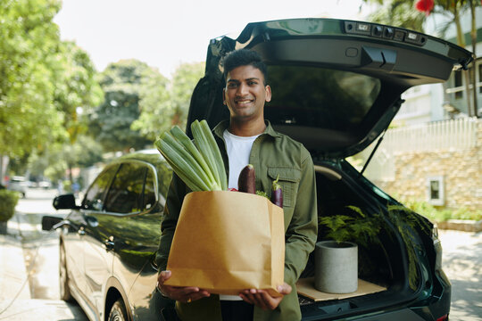 Portrait of smiling Indian man standing at opened car trunk with bag of groceries