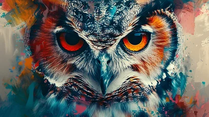 Foto op Plexiglas an abstract owl portrait infused with colorful double exposure paint © growth.ai