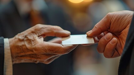 Two professionals engage in a business card exchange on a sunny day, with a soft-focus cityscape providing a backdrop to this moment of networking