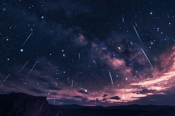 Heavenly sky. Sky of shooting stars, meteor shower, wide format background illustration. Space...
