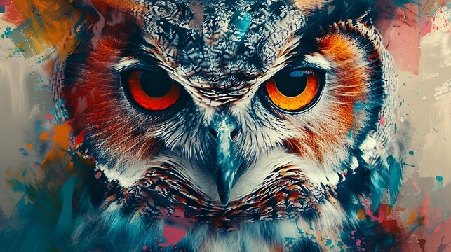 an abstract owl portrait infused with colorful double exposure paint