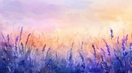 Watercolor background with soft pastel colors and a lavender meadow