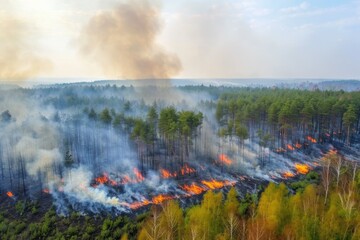Wildforest fire burning forest trees eecological disaster smoke aerial view from helicopter danger death animals damage hazard blaze pollution tragedy