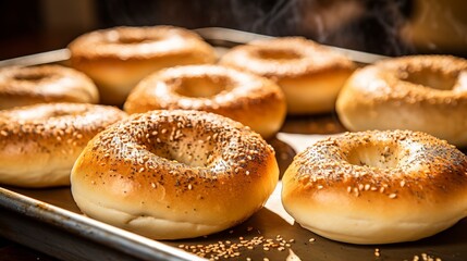 Plain bagels, close-up, perfect for sandwiches, with a shiny, chewy exterior and soft, warm inside, on a baking sheet.