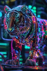 Captivating Cross Section of a 256 Bit Digital Tiger with Vibrant Neon Circuitry and Futuristic Aesthetic