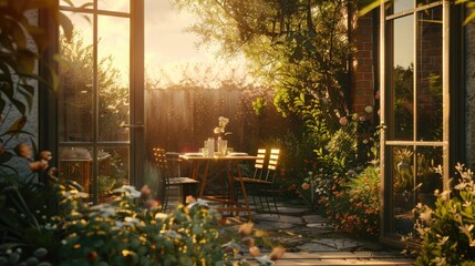 A sun-drenched dining area overlooking a lush garden, with an elegant table set for a gourmet meal and French doors thrown open to welcome in the gentle breeze, 