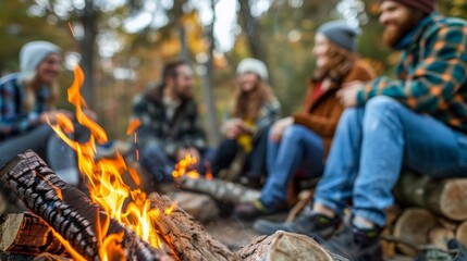 A group of friends gathered around a campfire using grounding exercises to connect with the Earth and each other on a deeper level. . - obrazy, fototapety, plakaty
