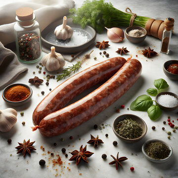 Chuchuk Horse Meat Sausage with Herbs on Marble Counter