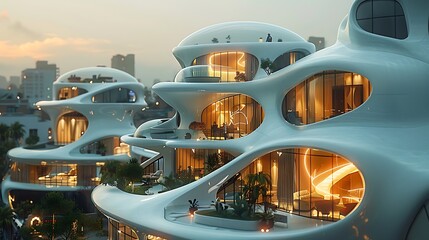 Modern, futuristic architecture with organic design illuminated at dusk in an urban setting, showcasing the harmony of nature and technology. 