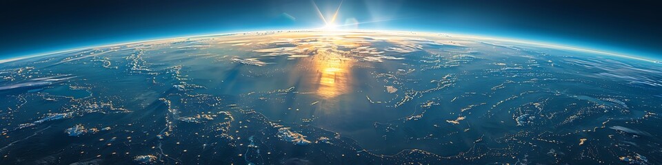 A panoramic view of Earth from space with sunrise and illuminated city lights reflecting on a curved horizon 