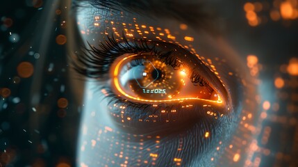 A close-up image of a human eye with futuristic digital overlays suggesting advanced technology and data visualization 