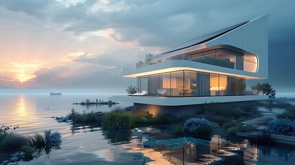 Modern futuristic house on the waterfront at sunset exudes serenity and luxury living with a stunning natural backdrop.  - obrazy, fototapety, plakaty