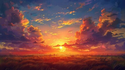 Anime landscape at sunset - obrazy, fototapety, plakaty