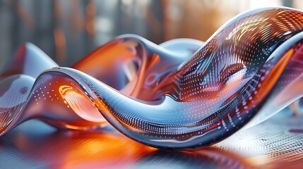 Abstract background of a wavy, digitally generated metallic structure with orange and blue lighting effects. 