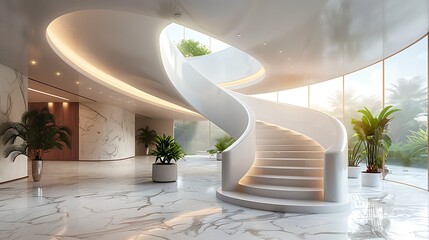 Elegant white spiral staircase in a modern luxury interior with floor-to-ceiling windows overlooking a lush garden. 