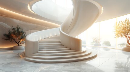 Modern luxurious staircase in a bright interior design with trees and panoramic windows overlooking a serene landscape. 