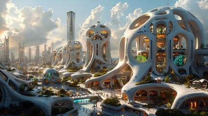 A futuristic cityscape with organic architecture against a backdrop of a sunset sky. 