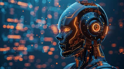 Digital art of a humanoid robot head with intricate details set against a backdrop of abstract technological elements, symbolizing advanced artificial intelligence and futuristic concepts.