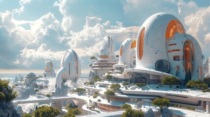 Futuristic cityscape with modern, dome-shaped architecture under a clear blue sky with clouds.