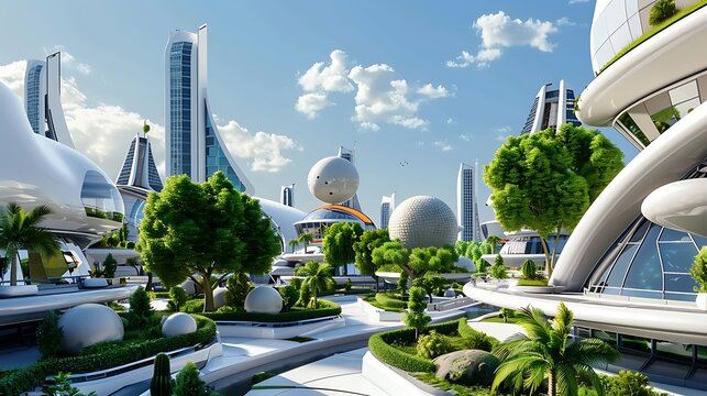 Futuristic cityscape with modern, eco-friendly architecture and lush greenery under a blue sky with clouds. 