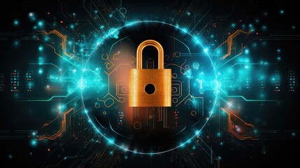 Abstract digital lock and key symbols surrounded by data streams representing cybersecurity