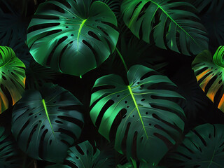 Realistic photo design of green tropical leaves Monstera, palm, with a black background, taken from above, Creative layout of neon colors made from tropical leaves, ai generative