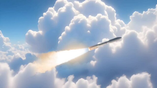 Rocket launch on clouds background in the sky