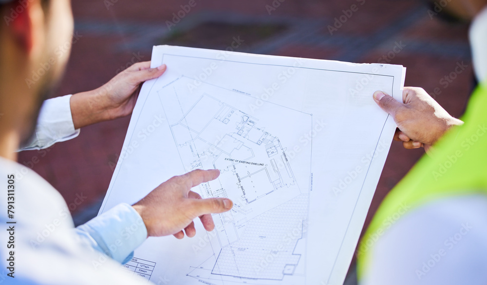 Poster construction, people and meeting with blueprint in hands planning and project management logistics. 