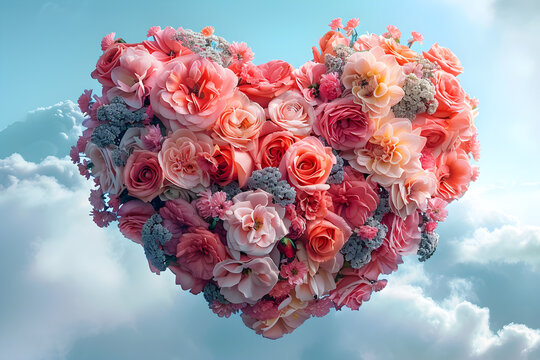 Surreal collage bouquet in heart shape with pink flowers isolated over clouds background, suitable for wedding decoration or sympathy event.