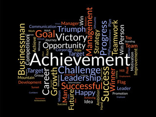 Achievement word cloud template. Business model concept vector background.