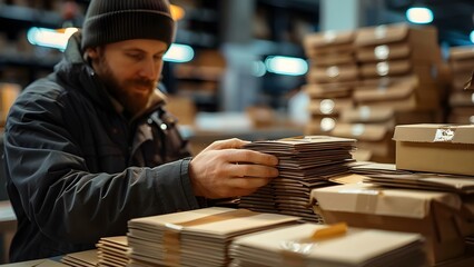 Post office worker arranging letters into stacks for delivery. Concept Mail sorting, Postal service, Delivery organization, Letter arranging
