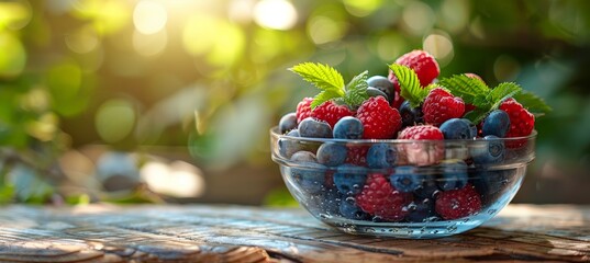 Bountiful summer garden  raspberries and blueberries in glass bowl, vibrant and fresh