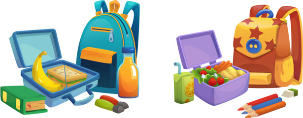 School backpack with lunchbox and supplies. Cartoon vector illustration set of education kit with student bag, food lunch plastic box with sandwich, vegetables and banana, juice, books and pencils. - obrazy, fototapety, plakaty