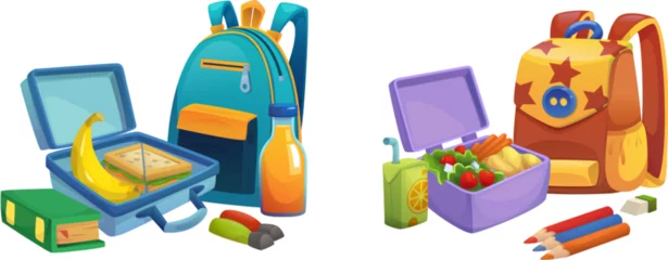  School backpack with lunchbox and supplies. Cartoon vector illustration set of education kit with student bag, food lunch plastic box with sandwich, vegetables and banana, juice, books and pencils. © klyaksun