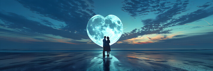 Create a design where the stars in the night sky form the shape of a heart representing the celestial bond between a couple,Couple illustration in ethereal light for Valentine's Day.


