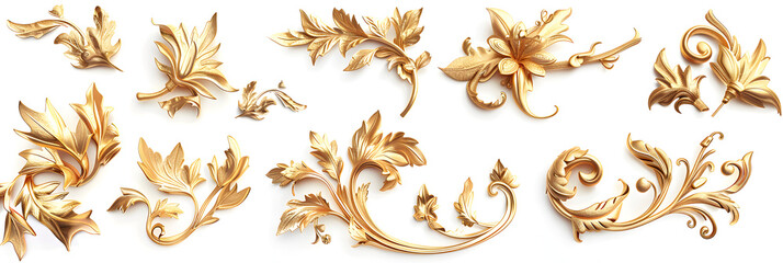 Baroque style elements isolated on white. Watercolor hand drawn vintage floral scroll filigree design set. Golden oriental damask curls and flowers collection for greeting cards, wedding invitations.
 - obrazy, fototapety, plakaty