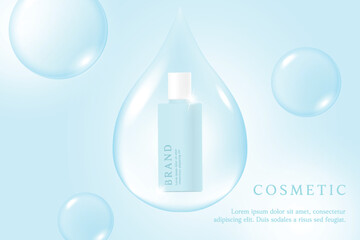 Cosmetic product ads template on blue background with water drop.