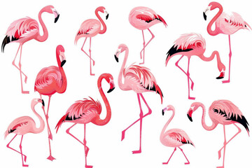 various pink flamingo bird illustration vector icon, white background, black colour icon