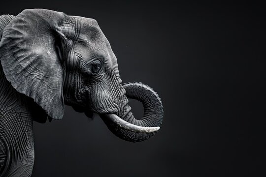 High contrast shot of elephant head with curled trunk on black background
