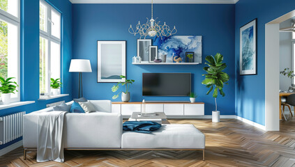 Modern living room with blue walls, white furniture and wooden floor.