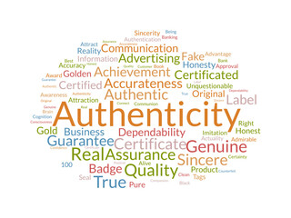 Authenticity word cloud template. Certified concept vector background.