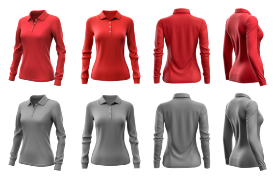 2 Set of woman red maroon grey gray front, back and side view collar long sleeve slim fit polo tee shirt on transparent background cutout, PNG file. Mockup template for artwork graphic design