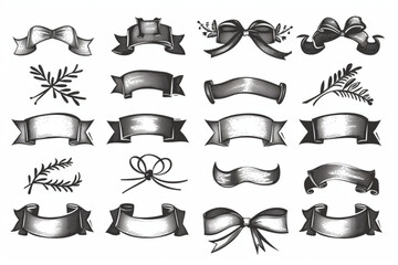 various hand drawn ribbon collection vector icon, white background, black colour icon
