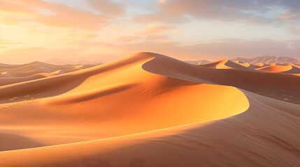 Desert sand dunes panorama at sunset. 3d render