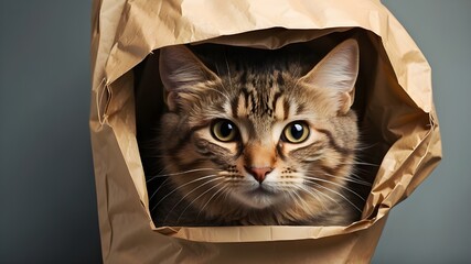 Animated Cat Peeking curiously out of a paper bag, this close-up portrait embodies curiosity and playfulness