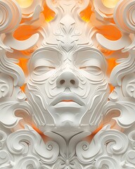 An intricate and symmetrical white relief sculpture with ornate patterns and a tranquil human face at its center.
