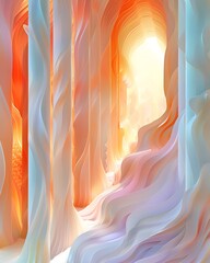 Abstract digital art representing a colorful and flowing cave-like landscape with warm hues and radiant light at the end of the corridor.  - obrazy, fototapety, plakaty