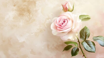 Pink rose with green leaves on a beige background